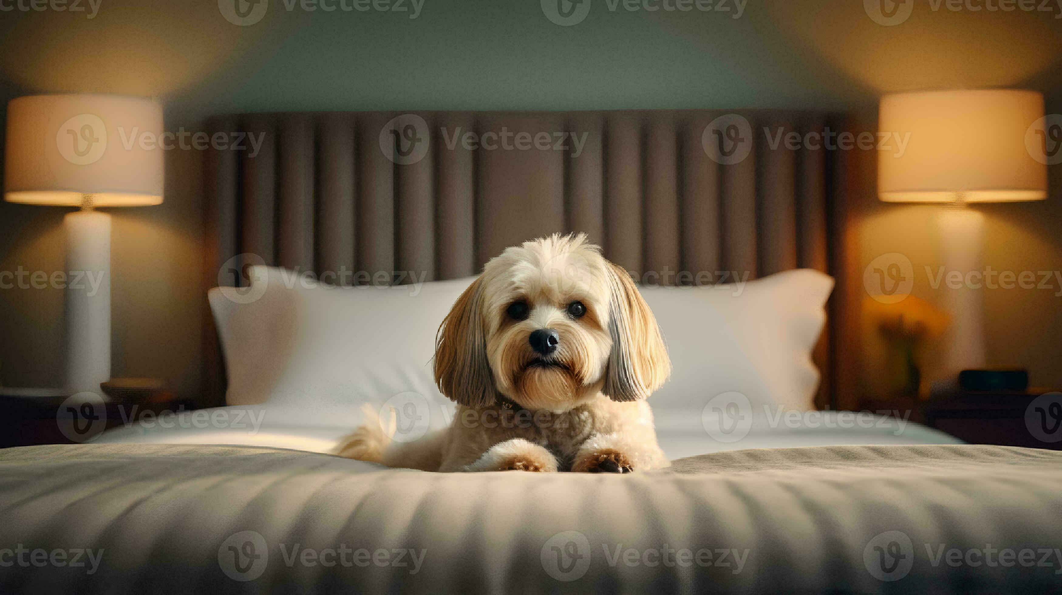Lhasa apso dog lying on bed in hotel with contemporary interior design