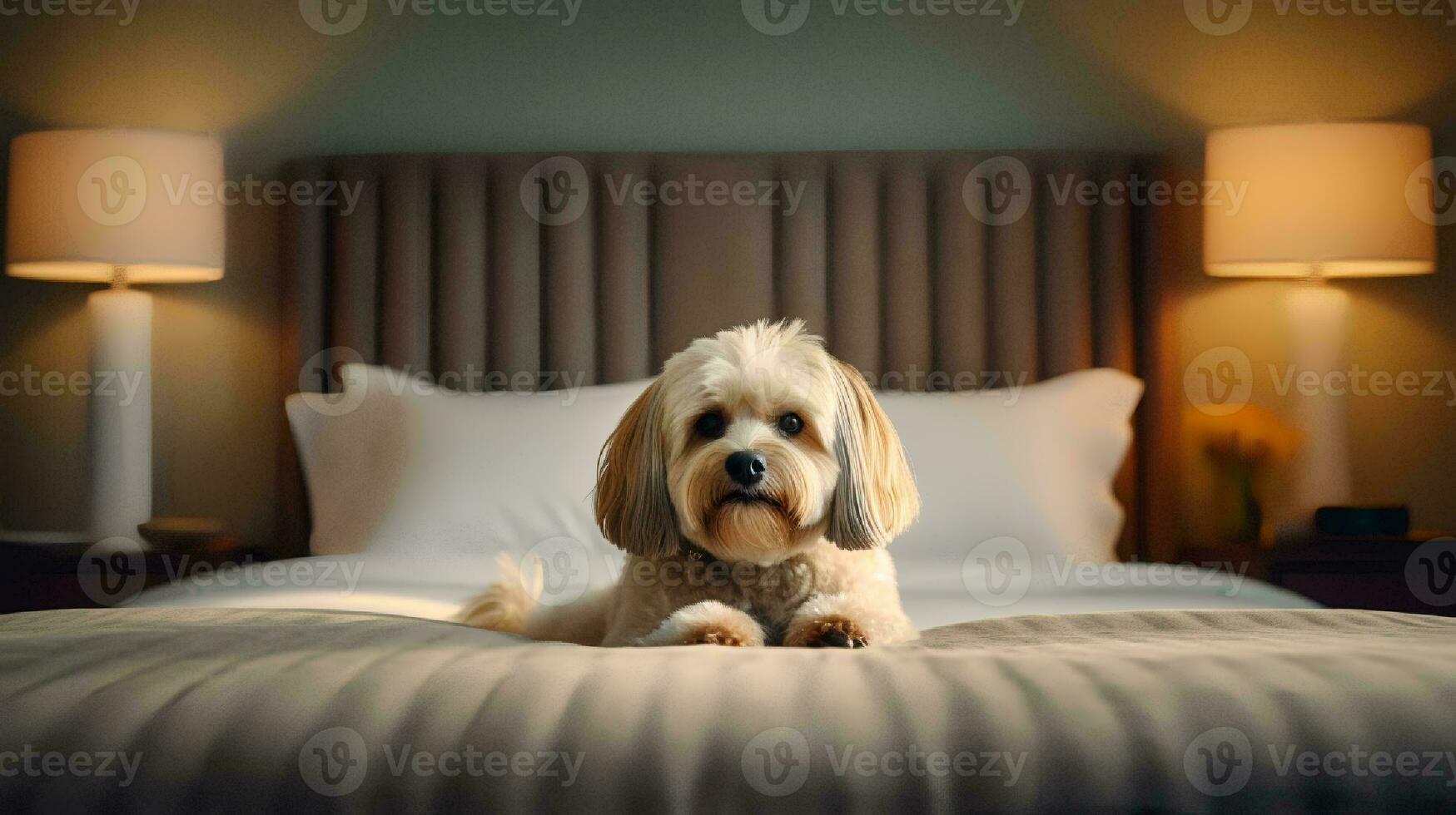 Lhasa apso dog lying on bed in hotel with contemporary interior design. Generative AI photo