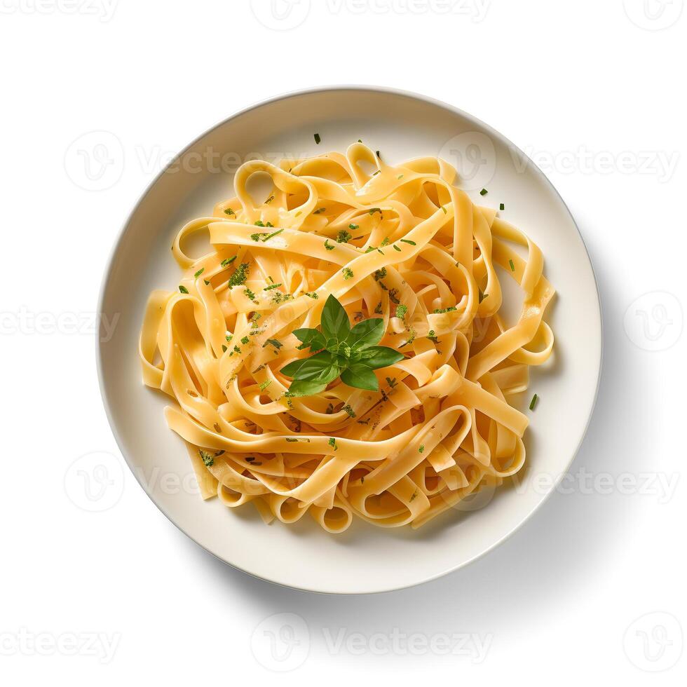 Photo of Fettuccine on plate  isolated on white background. Created by Generative AI