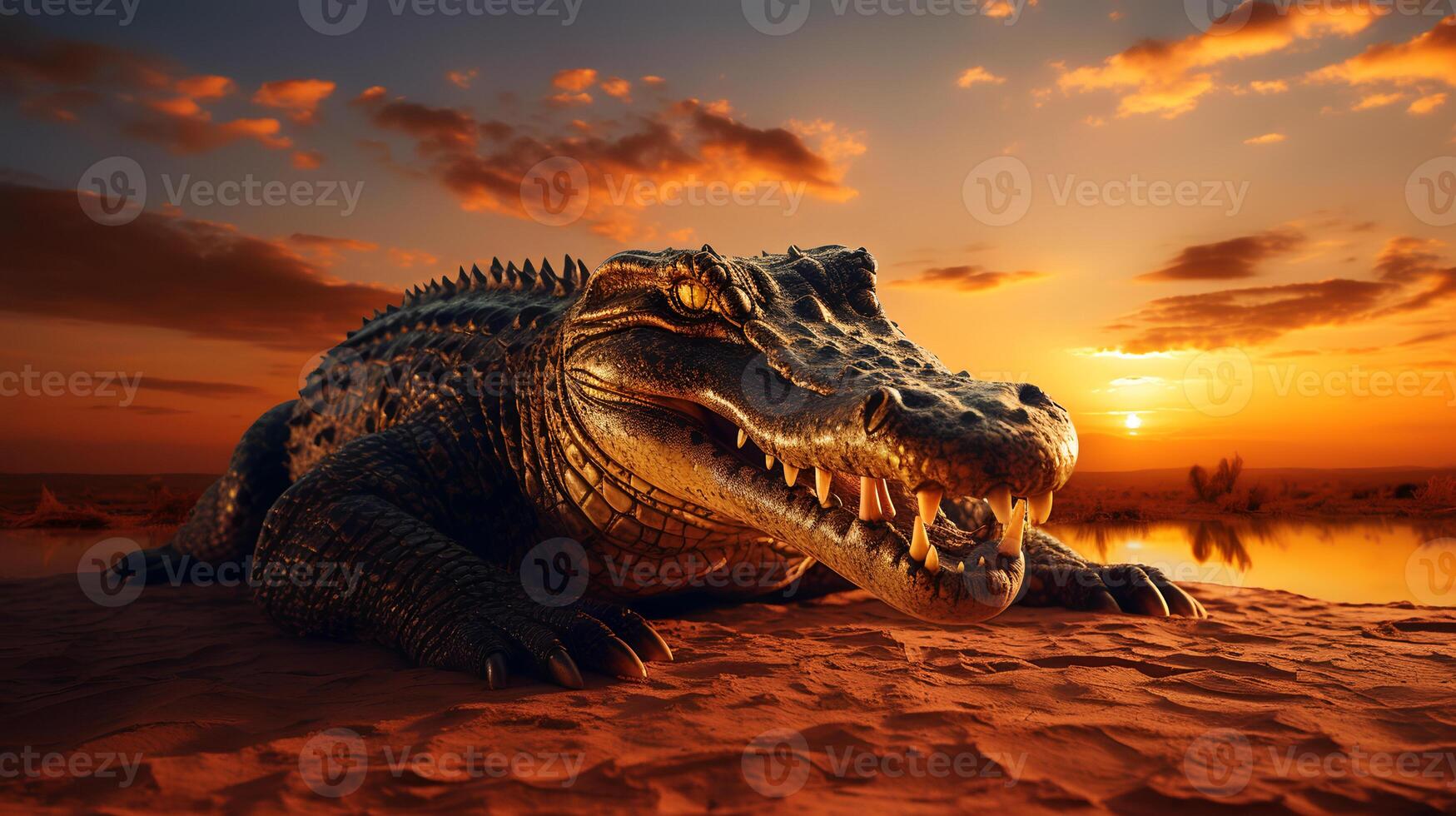 Photo of Crocodile on savanna at sunset.