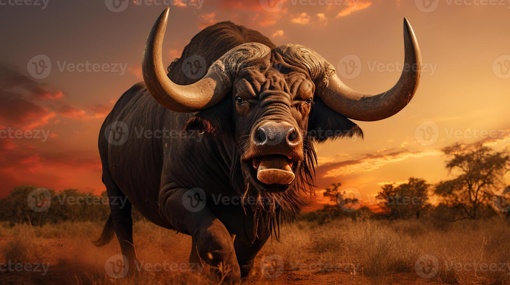 Photo of african buffalow on savanna at sunset. Generative AI