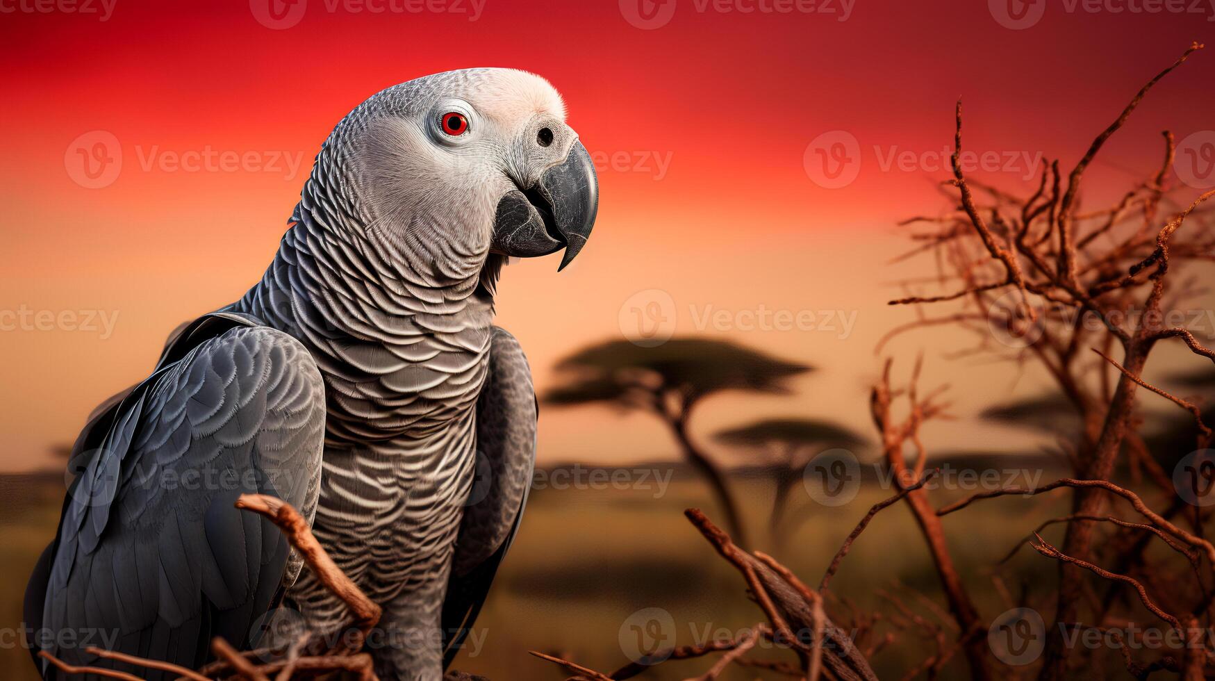 Photo of African Grey Parrot on savanna at sunset. Generative AI