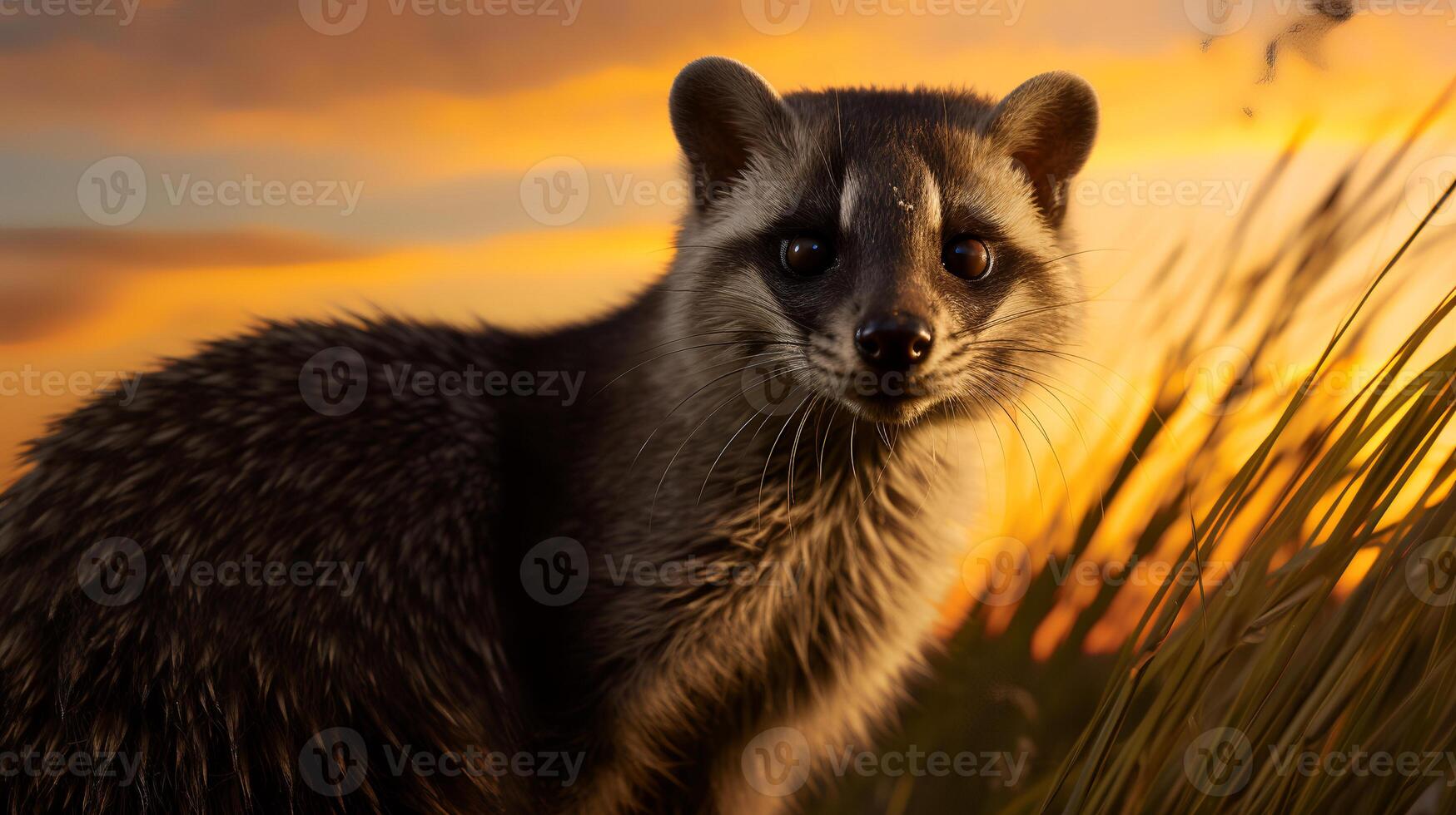 Photo of African Palm Civet on savanna at sunset. Generative AI