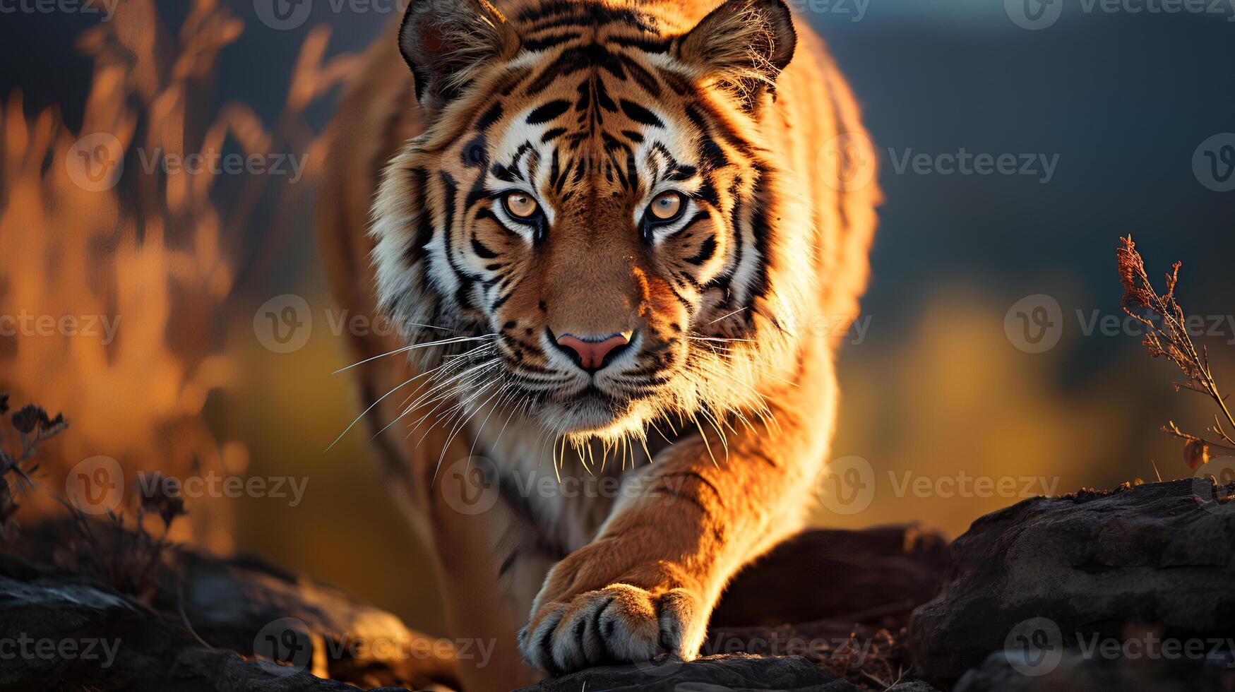 Photo of tiger on savanna at sunset. Generative AI