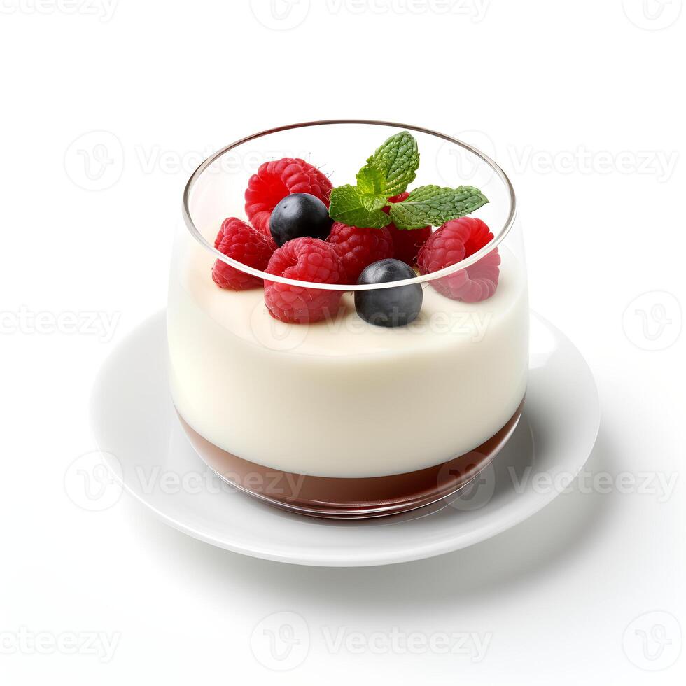 Food photography of Panna cotta on glass isolated on white background. Generative AI photo