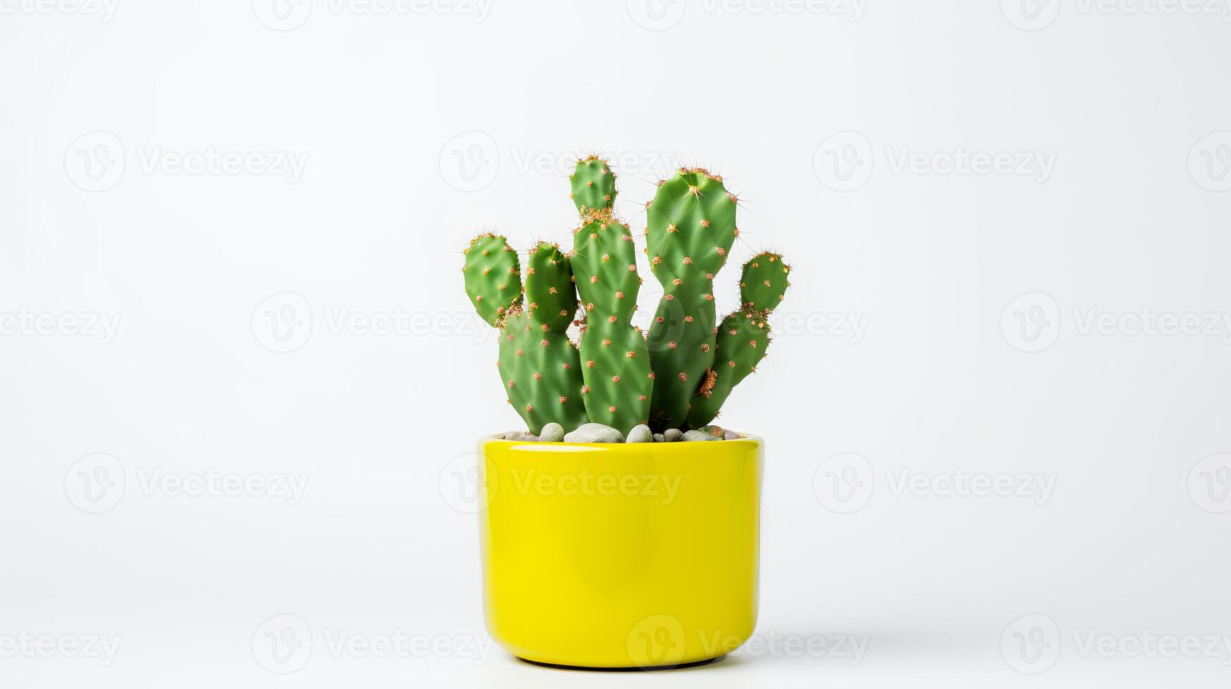 Photo of Prickly pear in minimalist yellow pot as houseplant for home decoration isolated on white background.