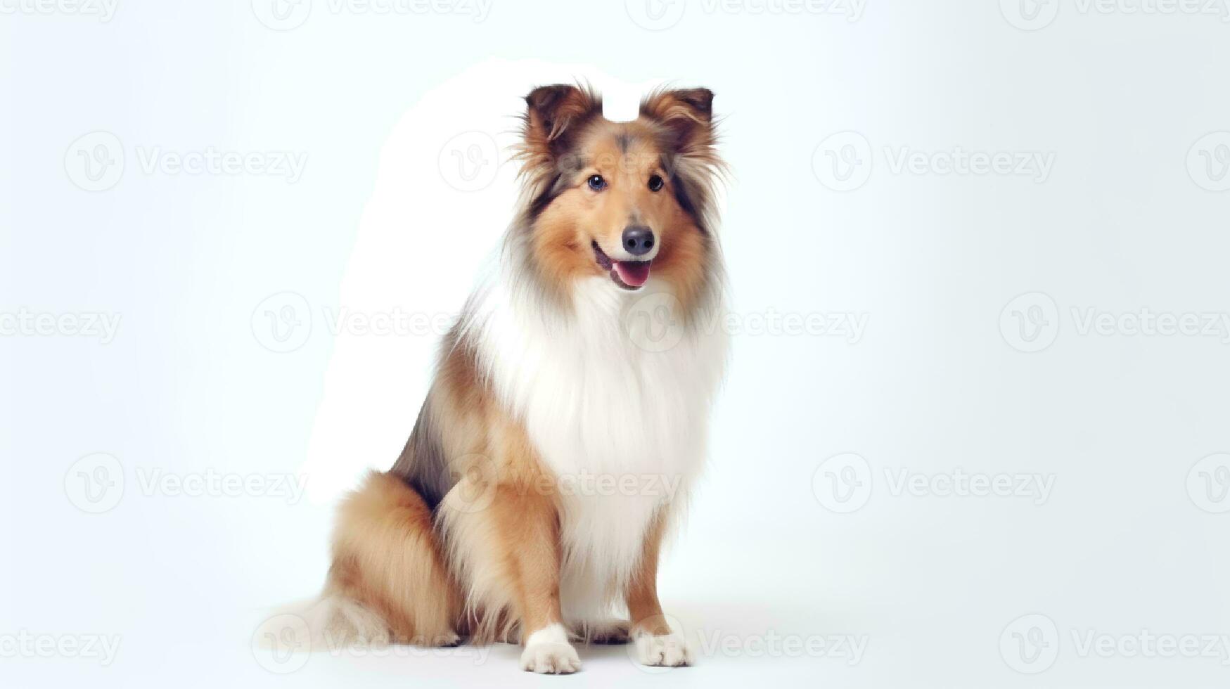 Photo of a rough collie on white background. Generative AI