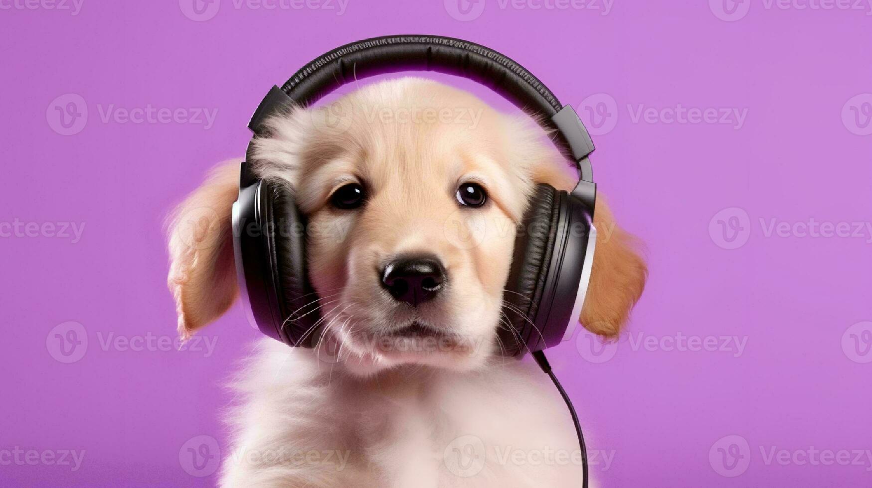 Photo of golden retriever using headphone  on purple background. Generative AI