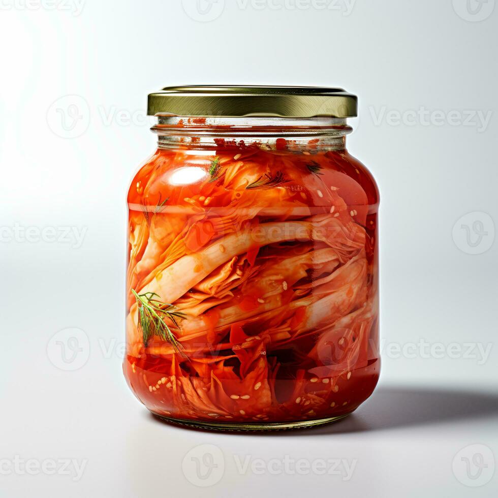 Food photography of kimchi on jar isolated on white background. Generative AI photo