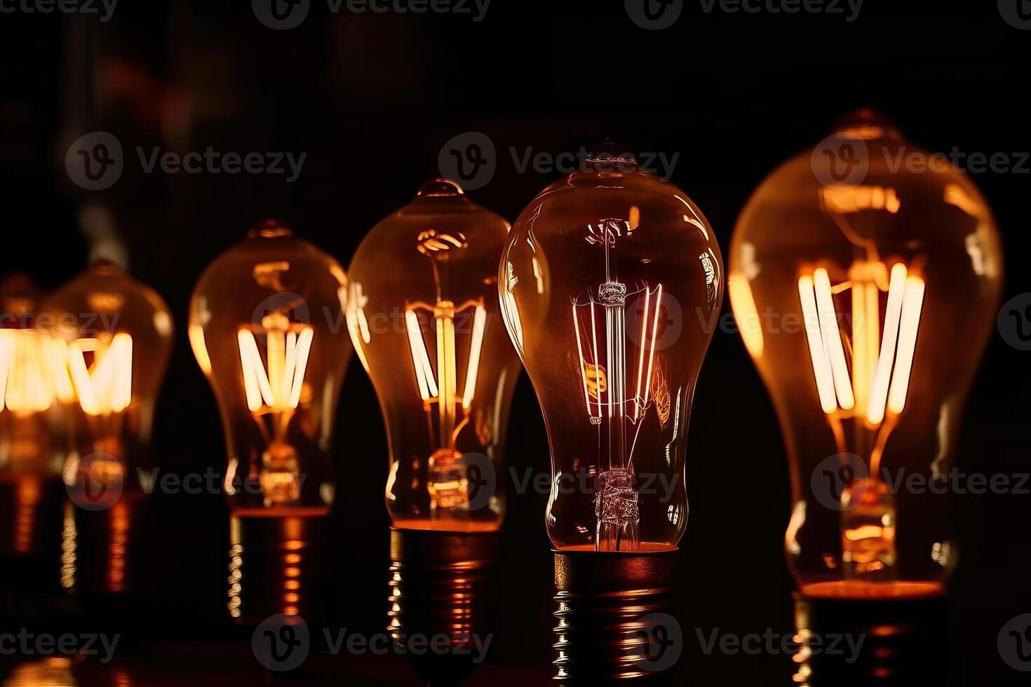One row of electric light bulbs glowing on a black background, . photo