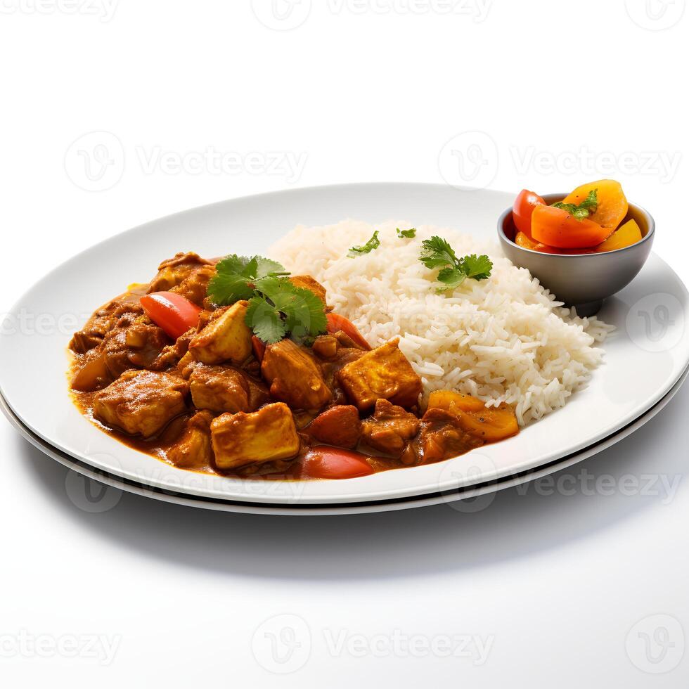 Photo of Curry on plate isolated on white background. Created by Generative AI