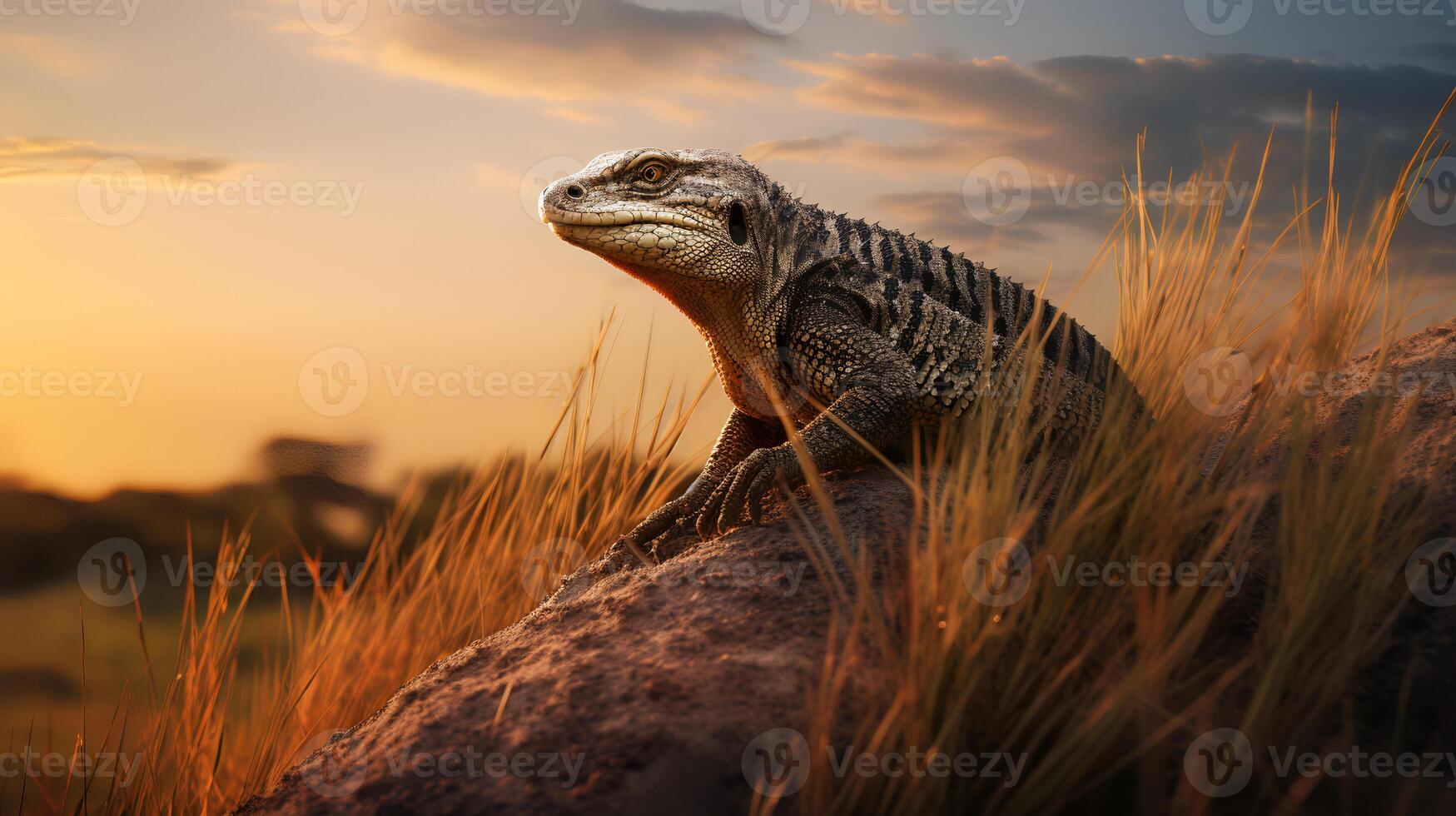 Photo of Nile Monitor on savanna at sunset.