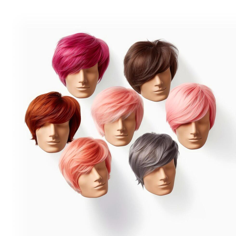 Hair wig over the plastic mannequin head isolated over the white background, mockup featuring contemporary men's hairstyles, illustration photo
