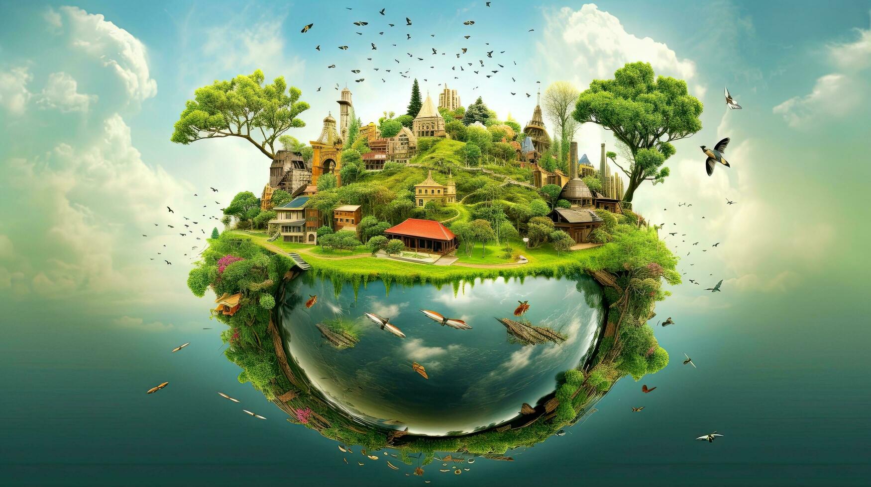 Illustration image, Nature and Sustainability, Eco-friendly Living and conservation, Concept art of Earth and animal life in different environments, Generative AI illustration photo