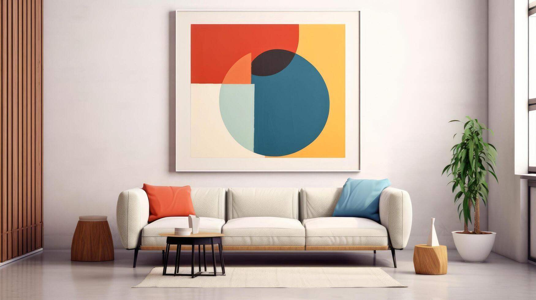 Stylish living room interior design with mock up poster frame, creative home accessories. Home staging. Copy space, illustration photo