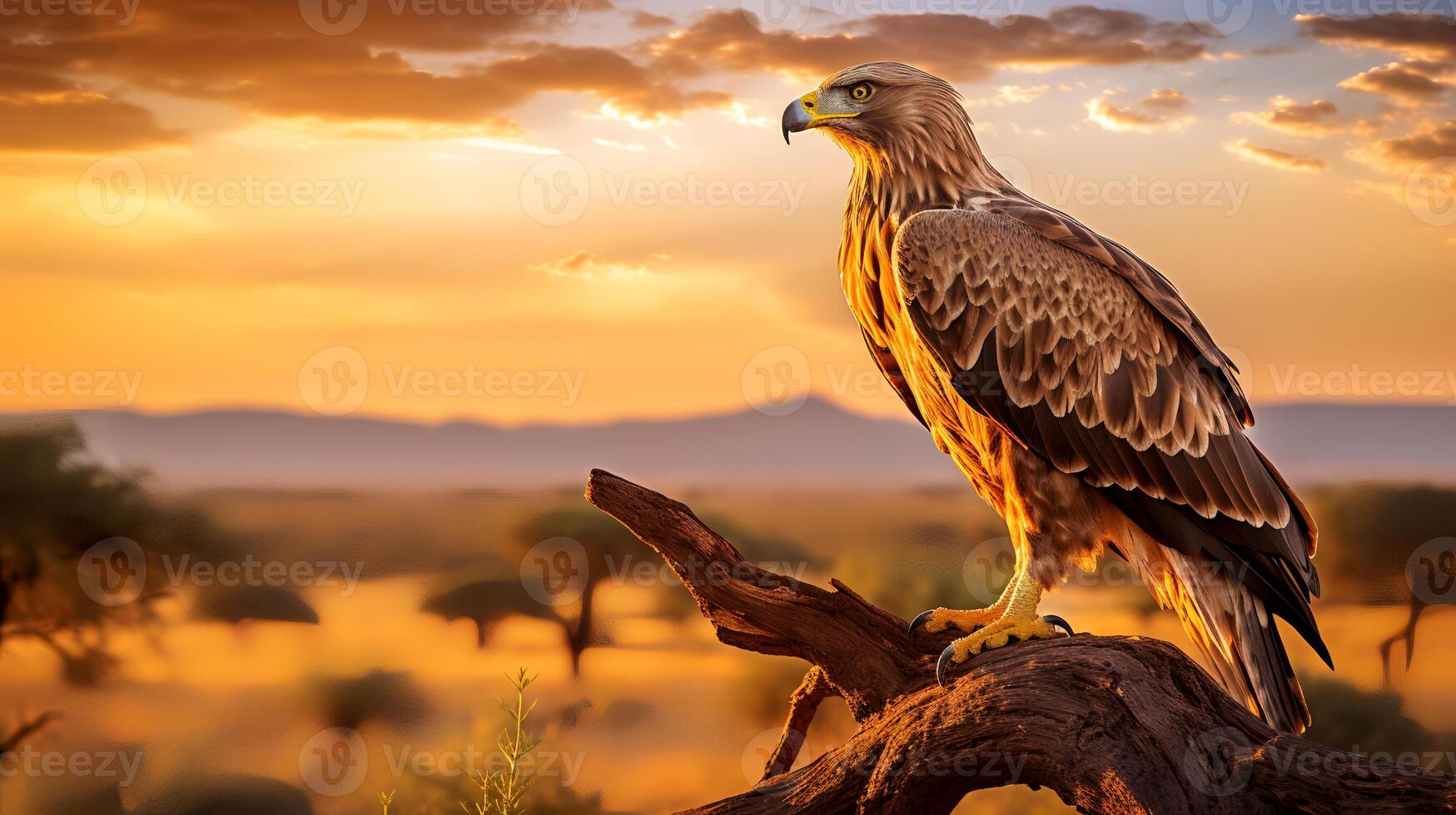 Photo of Tawny Eagle on savanna at sunset.