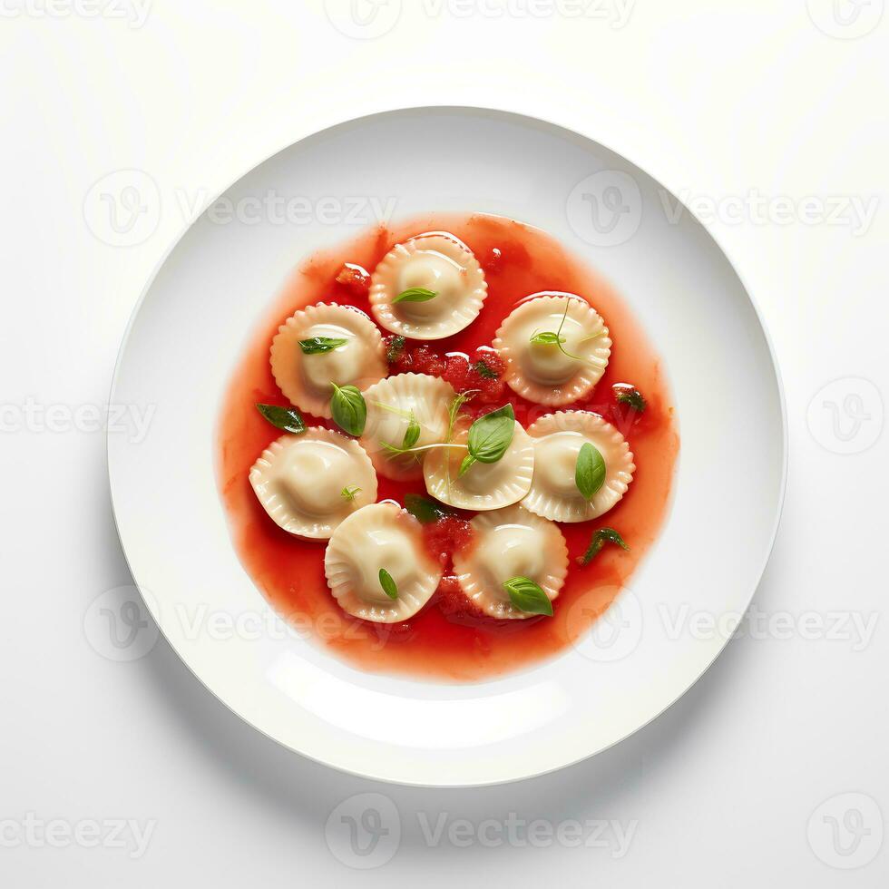 Food photography of Ravioli on plate isolated on white background. Generative AI photo