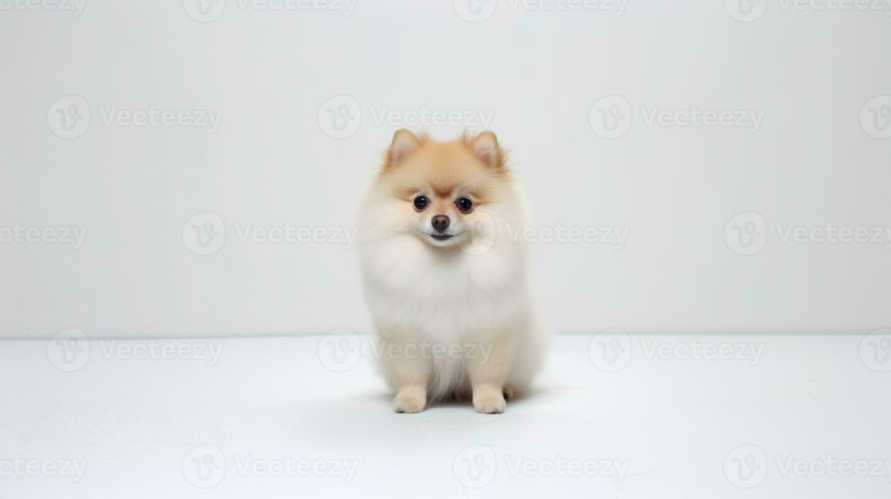 foto de un pomeranio perro en blanco antecedentes. generativo ai