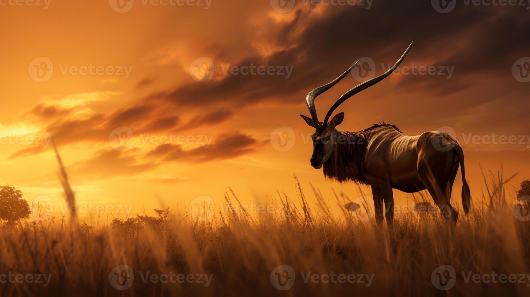 Photo of Hartebeest on savanna at sunset. Generative AI