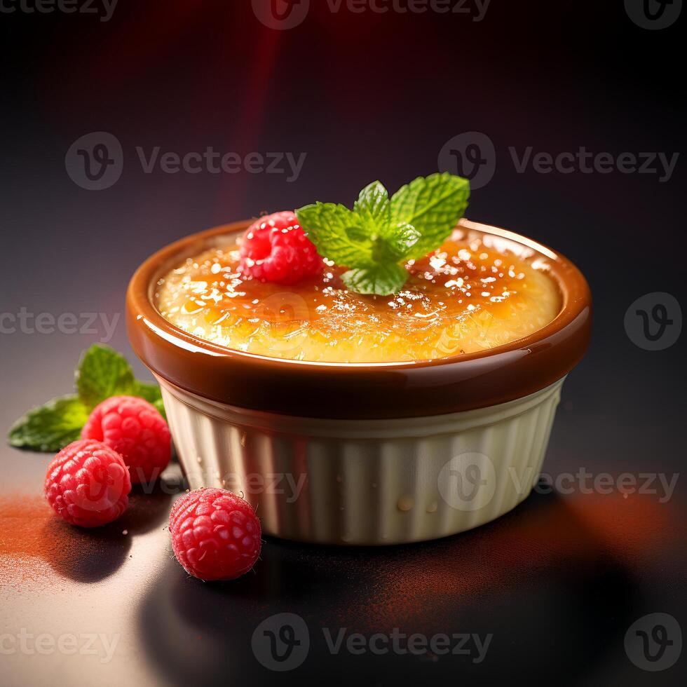 Photo of Creme Brulee with berrie isolated on dark background. Created by