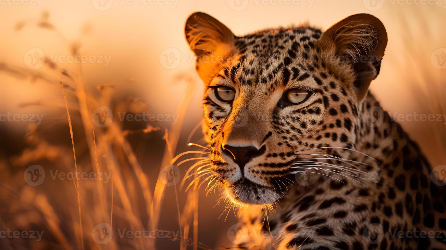 Photo of Leopard on savanna at sunset. Generative AI