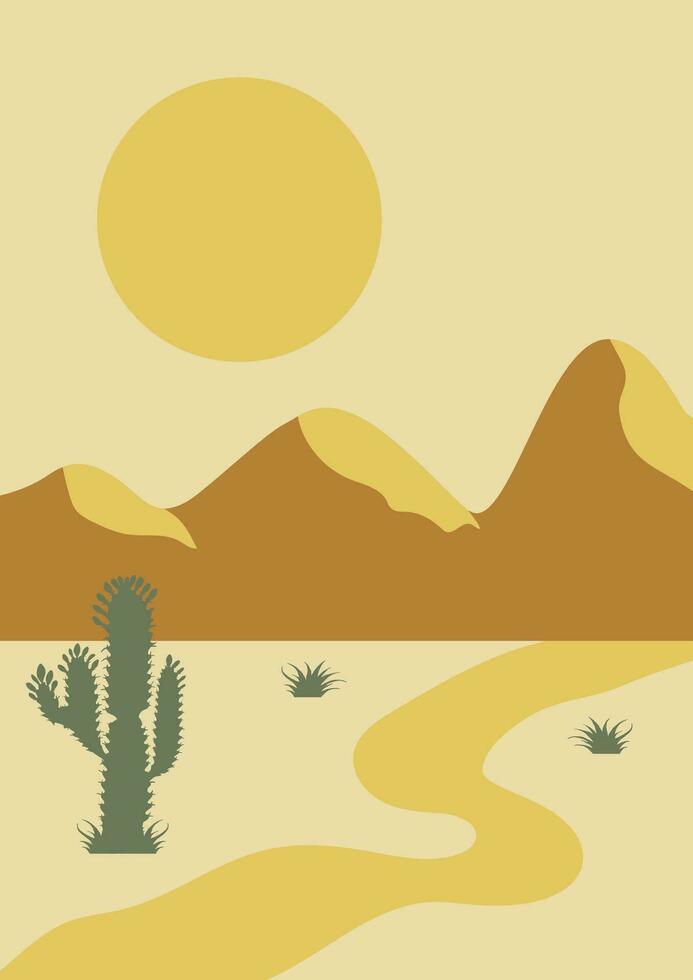 estético minimalista Desierto paisaje con cactus y montañas vector