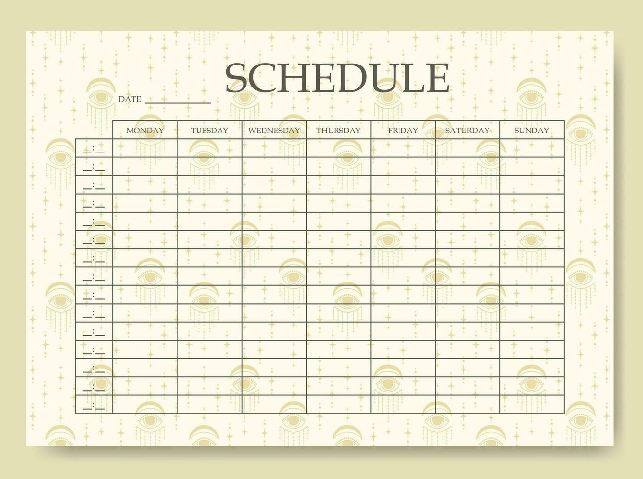 Schedule minimalist planner page design with esoteric pattern. Categories of notes. Printablebeige sheet. Personal organizer. Notebook vector template