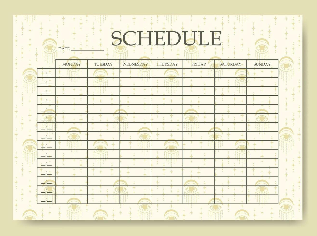 Schedule minimalist planner page design with esoteric pattern. Categories of notes. Printablebeige sheet. Personal organizer. Notebook vector template