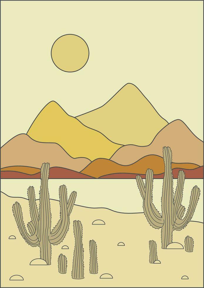 Aesthetic desert landscape with cactus bush illustration vector