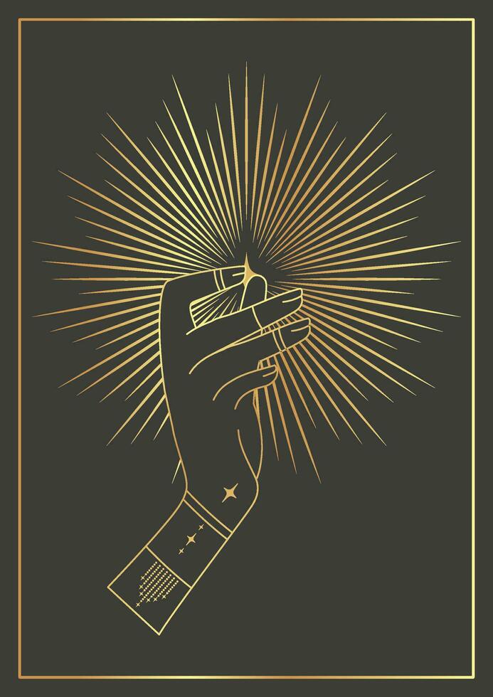 Golden astrology mystic hand with shining star illustration poster. Outer space printed wall art. Tarot card universe vector. vector