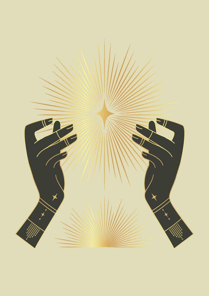 Golden shining star in hand illustration poster. Outer space printed wall art. vector