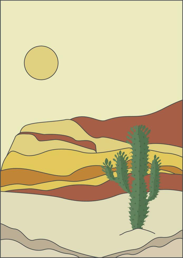 Aesthetic desert landscape with cactus bush illustration. Boho wall decor. vector