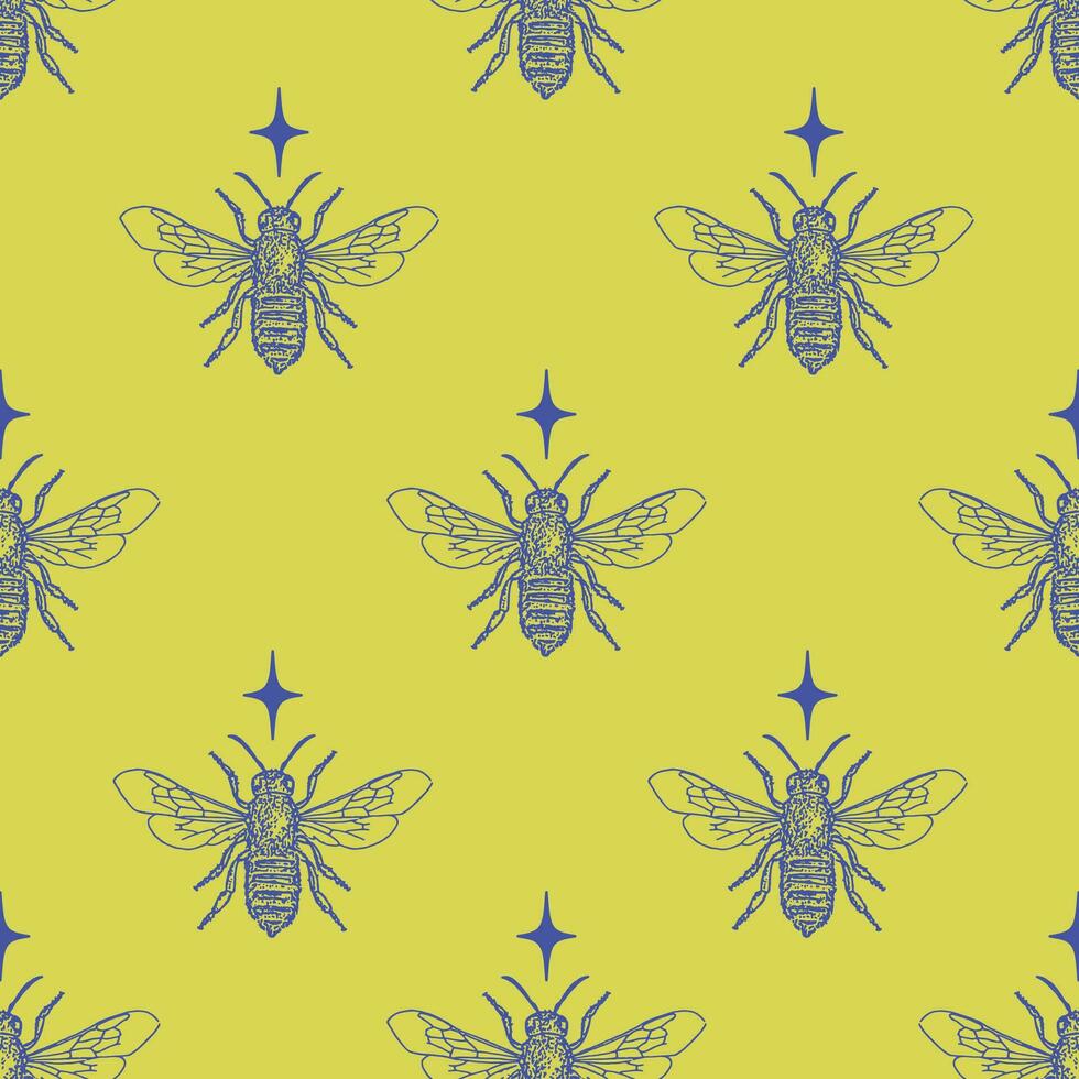 Seamless pattern with honey bee and stars. Decorative yellow background with blue honey bee sketch. Vector endless texture for digital paper, fabric