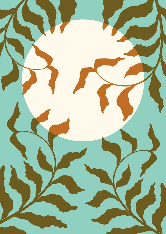 Botanical illustration red leaves and moon template. vector