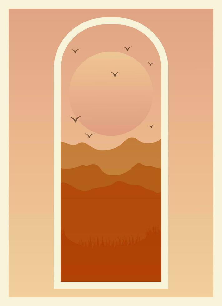 Landscape aesthetic desert window view poster. Modern boho background with sun and dunes, minimalist wall decor. Vector art print