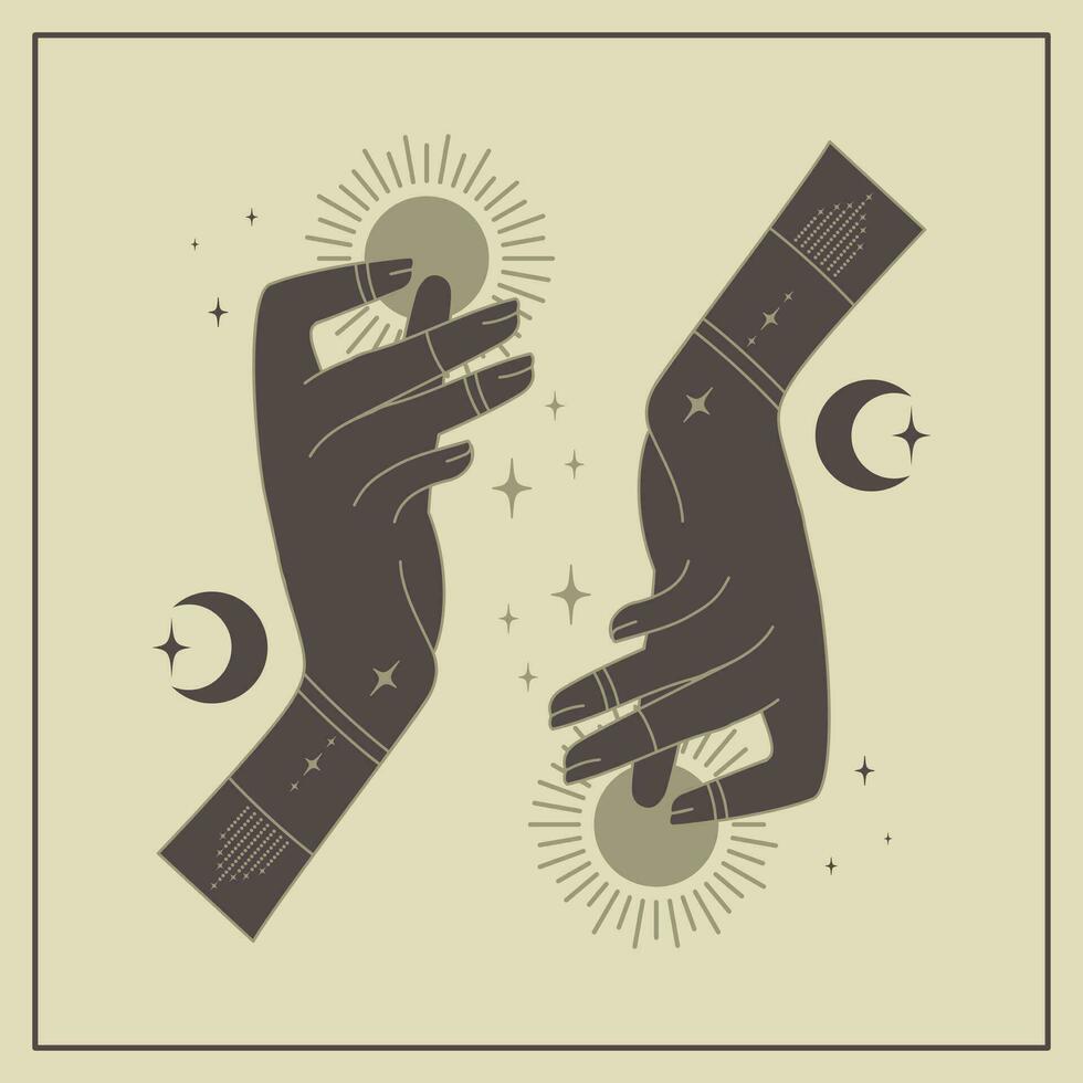 Vector illustration of astrology mystic elements with witch hands. Outer space with sun and moon printed card. Tarot art universe vector.