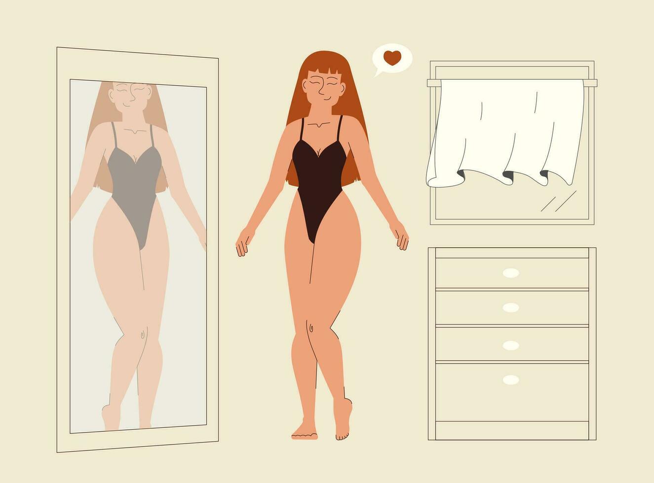 Happy young woman in bodysuit looking in mirror vector illustration
