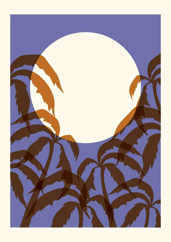 noche en el playa con palma arboles póster ilustración. vector