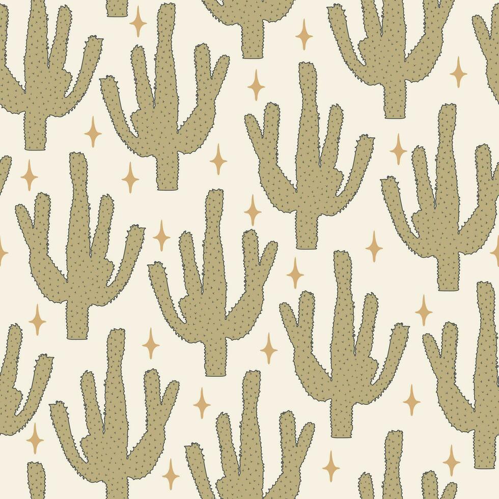 Seamless pattern summer cactus on desert with stars. For fashion fabric and all prints on light beige sand background. Vector endless texture for digital paper