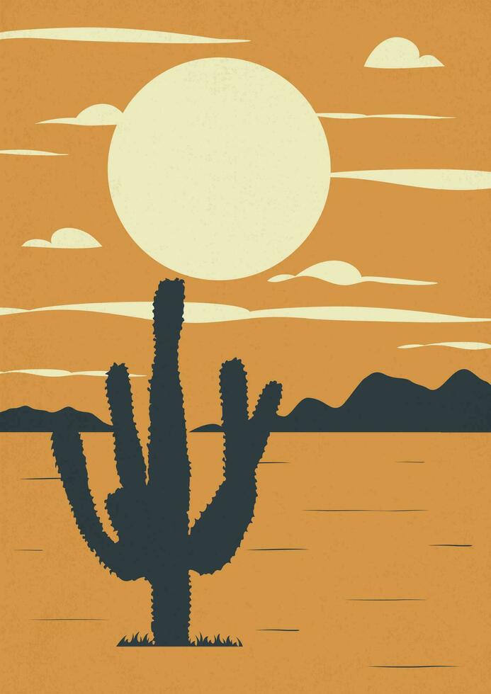 Abstract contemporary aesthetic night desert landscape. Earth tones, beige colors. Cacti wall decor. Mid century modern minimalist art print. vector