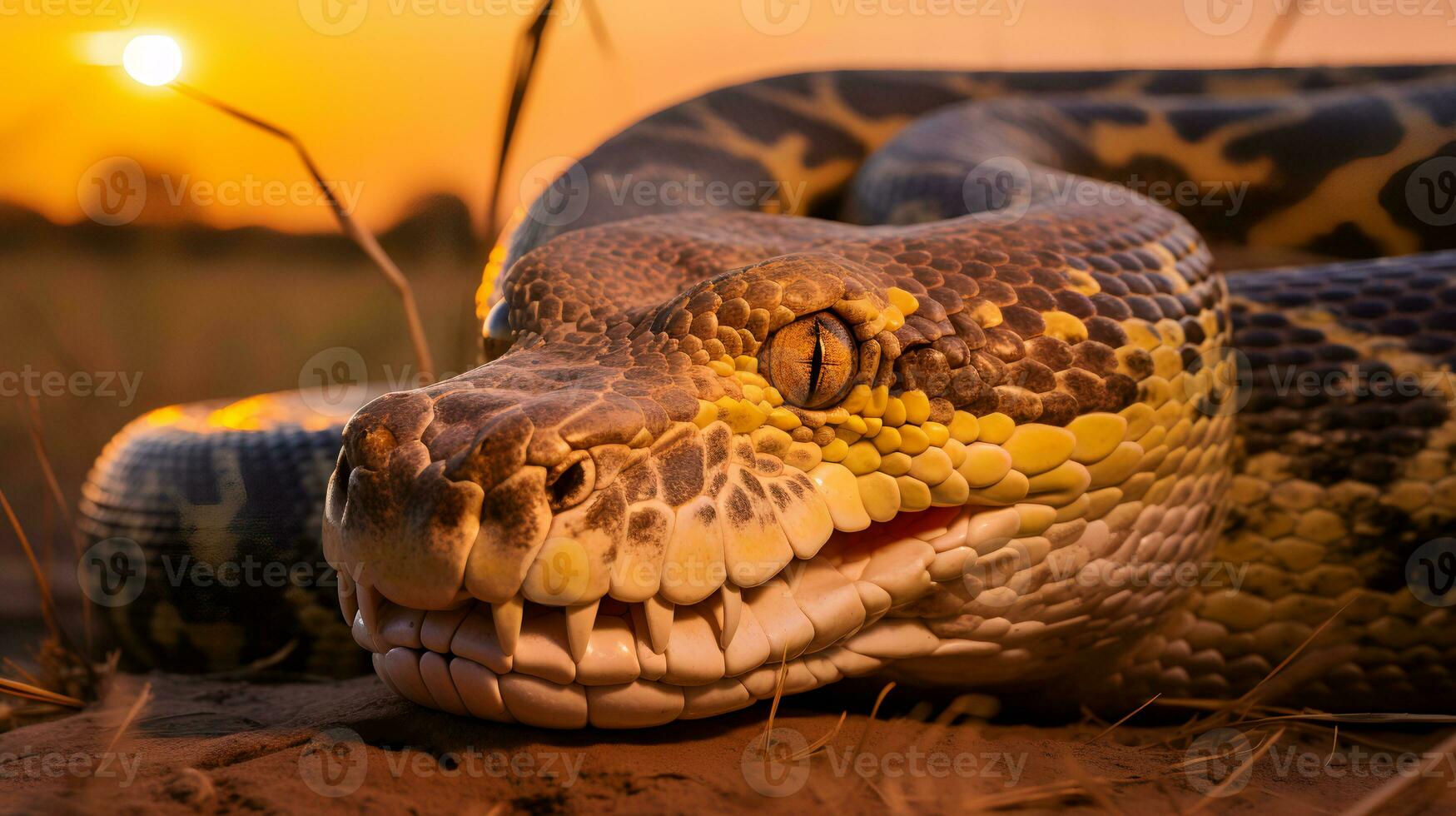 Photo of African Rock Python on savanna at sunset. Generative AI