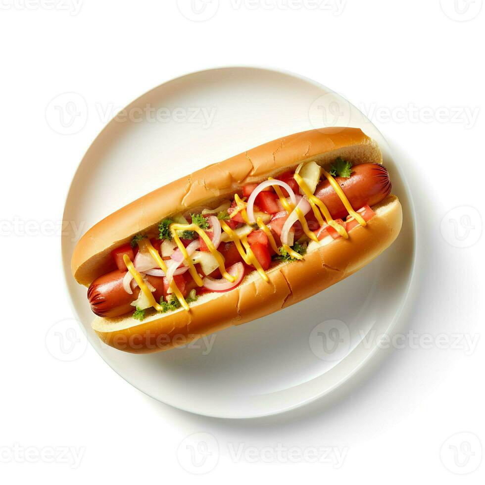 Photo of hot dog on plate isolated on white background. Created by Generative AI