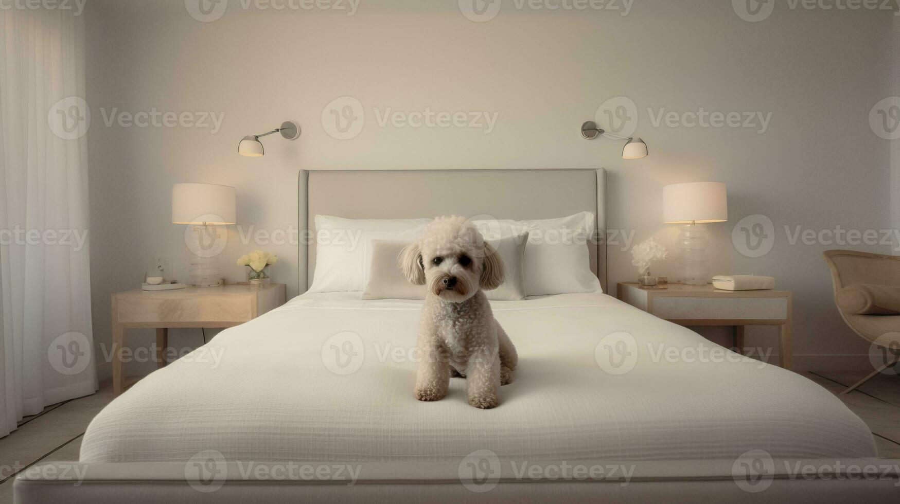 Poodle dog lying on bed in hotel with contemporary interior design. Generative AI photo