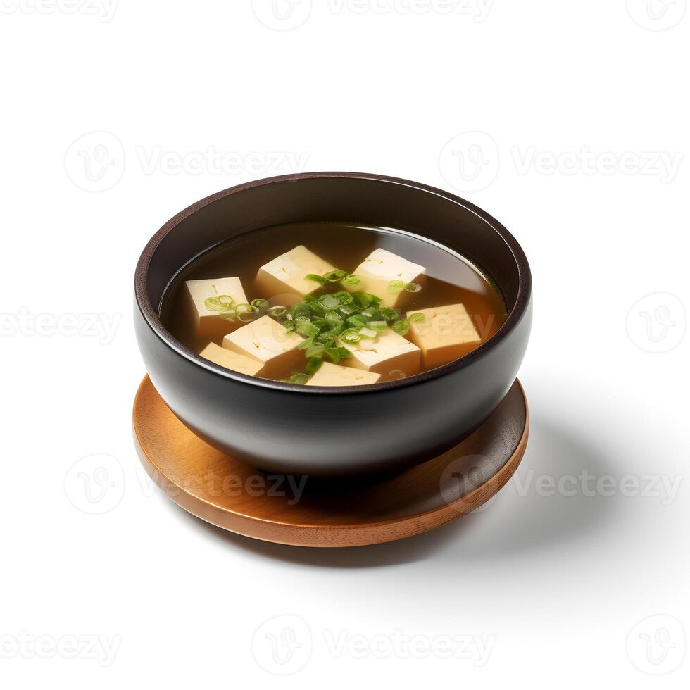 Food photography of Miso soup on black bowl isolated on white background. photo