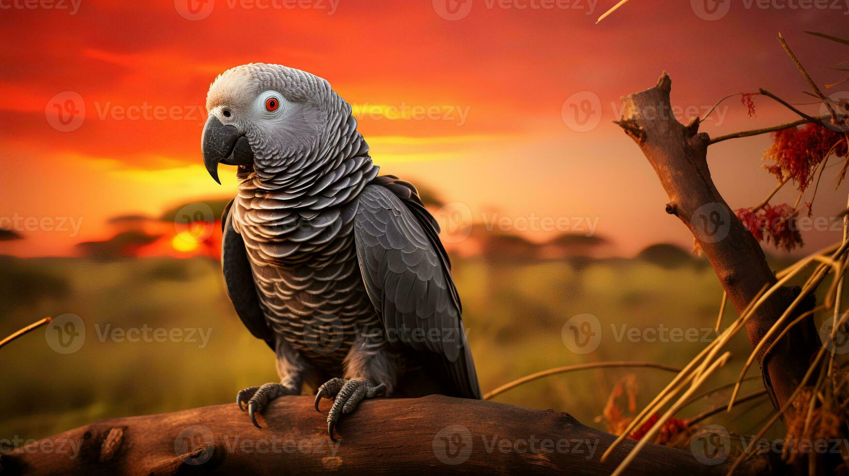 Photo of African Grey Parrot on savanna at sunset. Generative AI