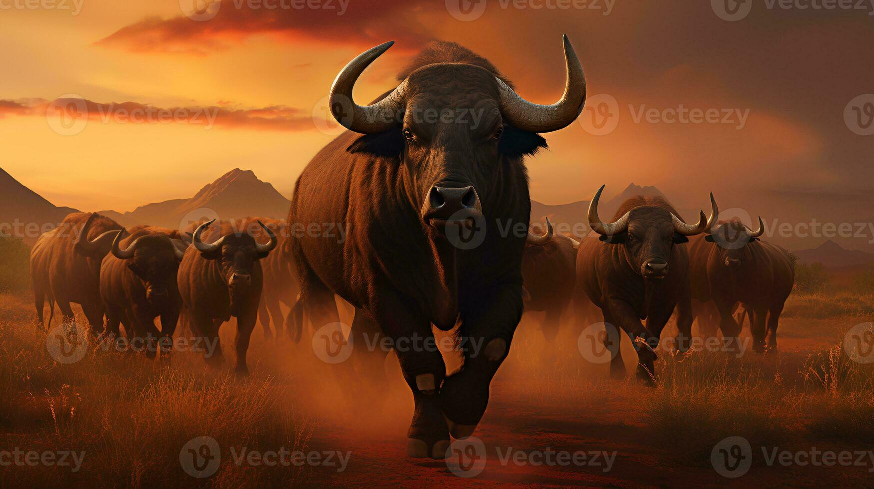 Photo of Buffalo on savanna at sunset. Generative AI