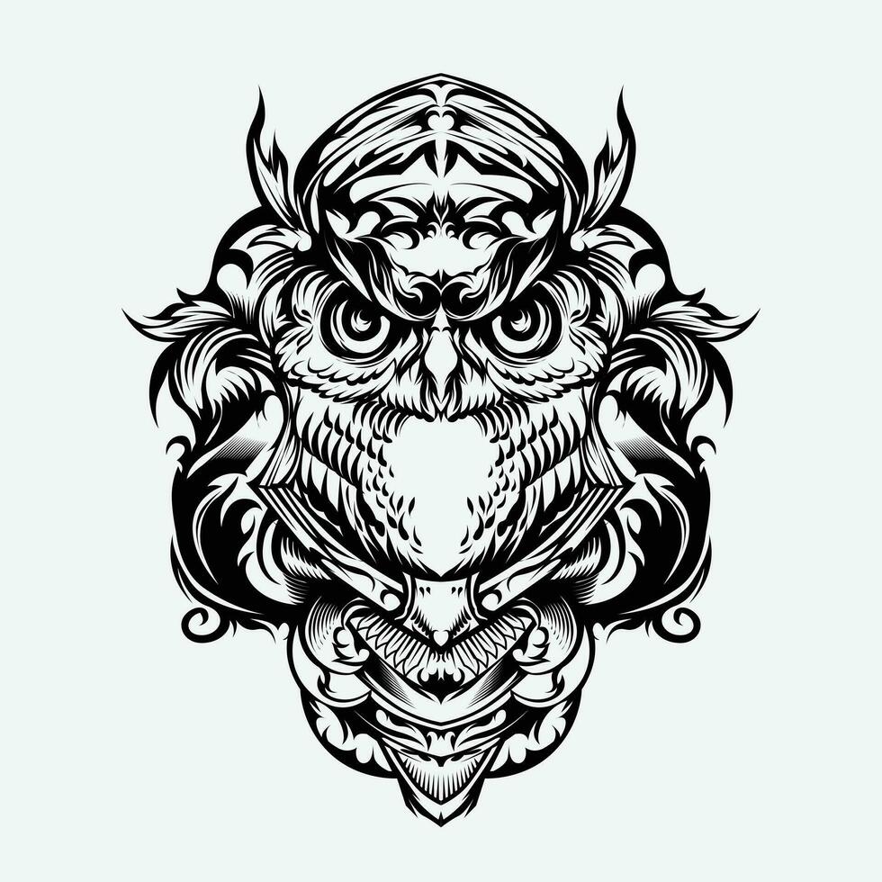 owl head ornamental design tattoo vector