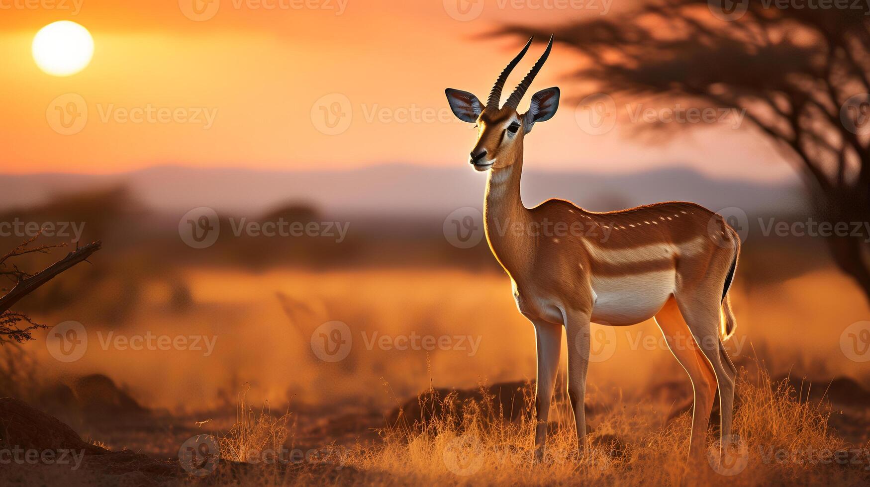 Photo of Thomsons Gazelle on savanna at sunset.