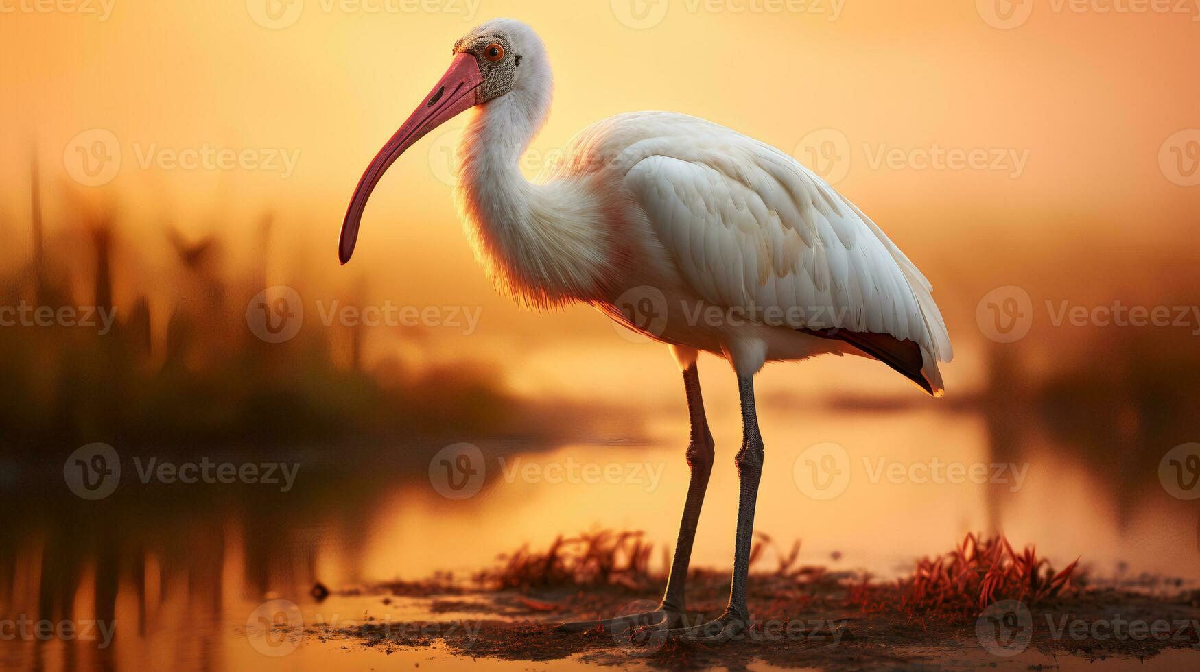 Photo of African Spoonbill on savanna at sunset. Generative AI