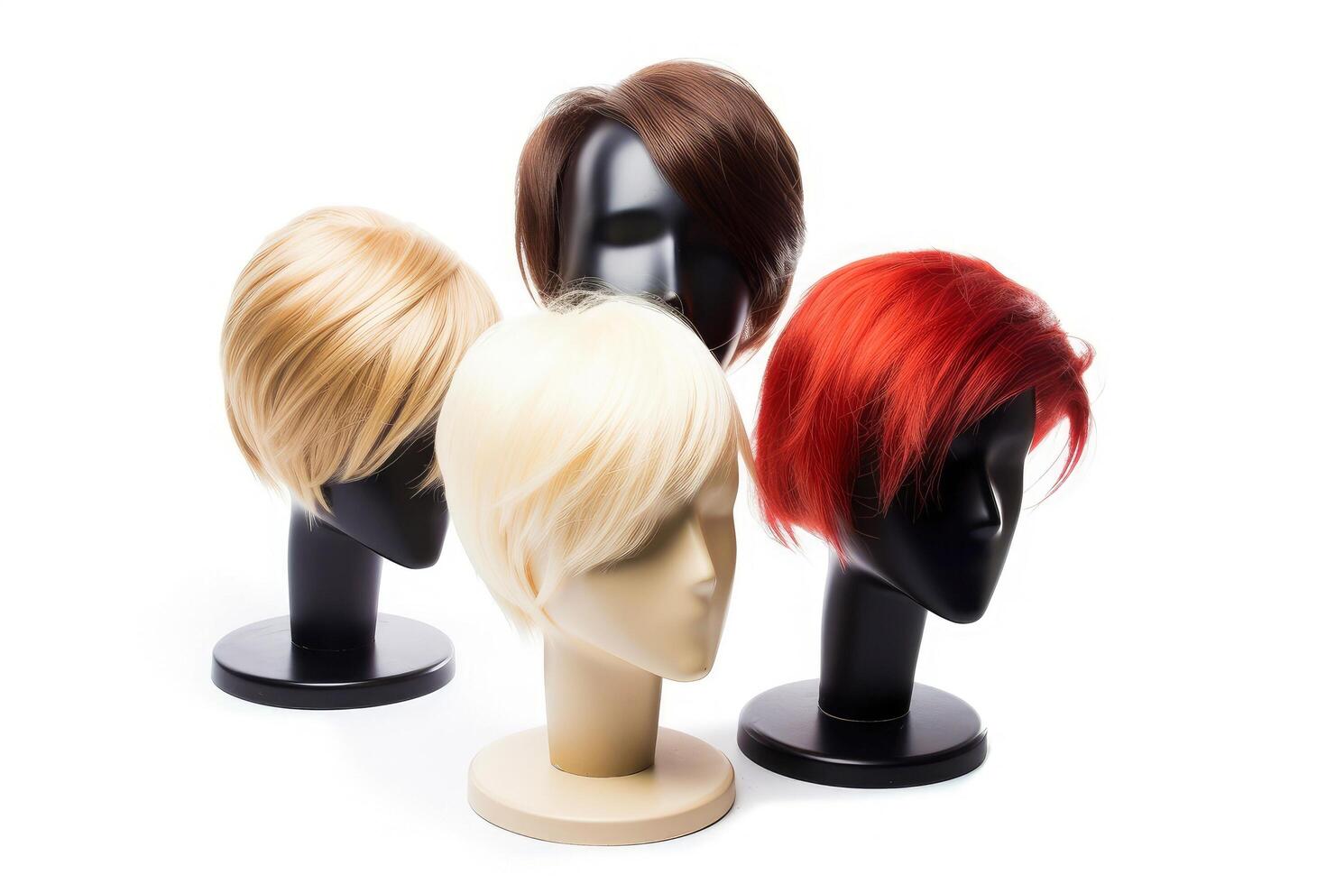 Hair wig over the plastic mannequin head isolated over the white background, mockup featuring contemporary men hairstyles, Generative AI illustration photo